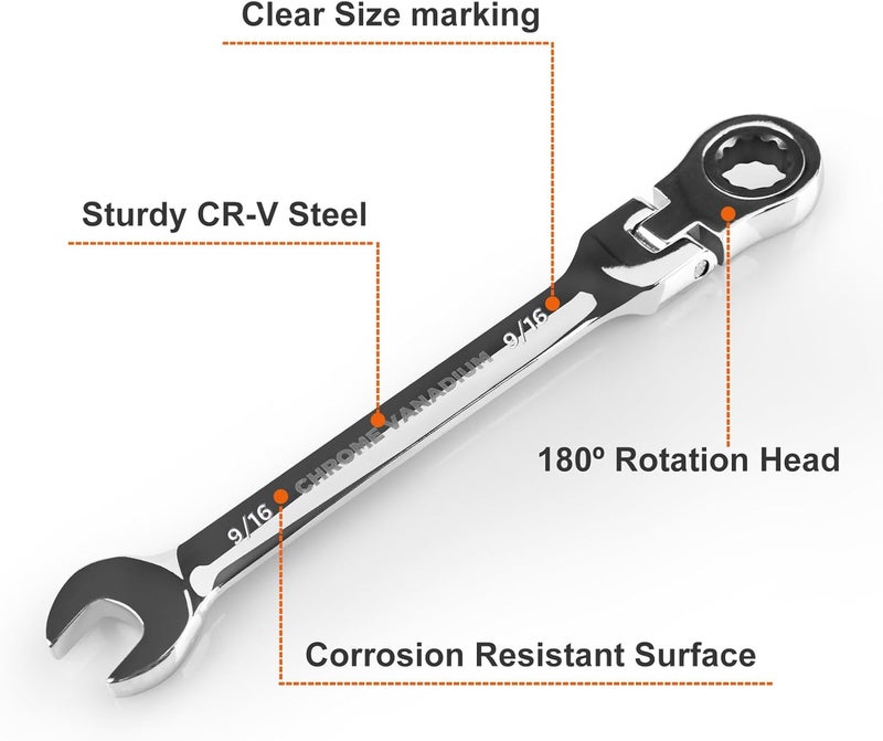 Egofine 9/16 Inch Ratchet Wrench Flex Head, Ratcheting Combination Wrench SAE, Industrial Grade Gear Spanner with 12 Point Box End, 72-Teeth Ratchet, Chrome Vanadium Steel - Image 2